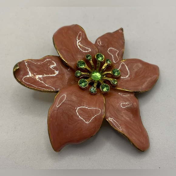 Vintage Floral Mauve Enamel Brooch Pin Gold Tone Uranium Green Faceted Crystals - Picture 5 of 7